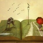 Cachorro e garota de guarda-chuva andando sobre um livro aberto