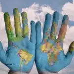 Mão com desenho do mapa mundi