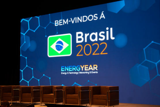 Painel do evento ENERGYEAR em azul, uma bandeira do Brasil e com a escrita 'Bem-vindos á Brasil 2022'.