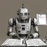 Arte em desenho de robô, sentado em uma mesa, lendo um documento impresso.