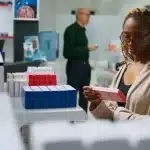 Pessoa lendo o rótulo de remédios